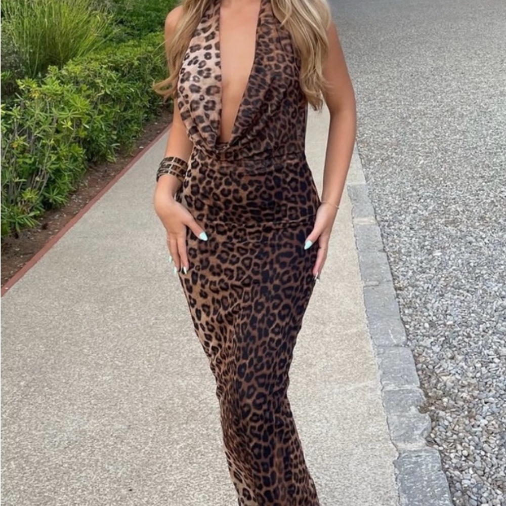 Leopard Print Tulle Halter Maxi Dress